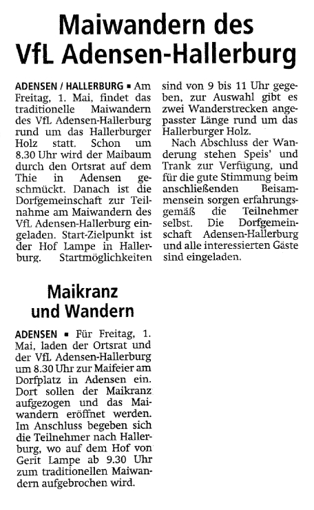 Maiwandern des VfL Adensen-Hallerburg